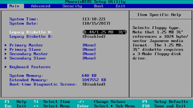 An example of BIOS menu