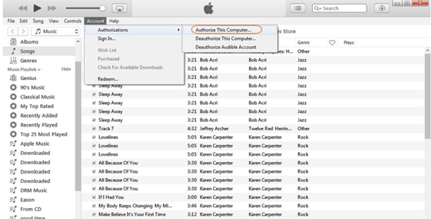 Authorization tab on iTunes desktop app