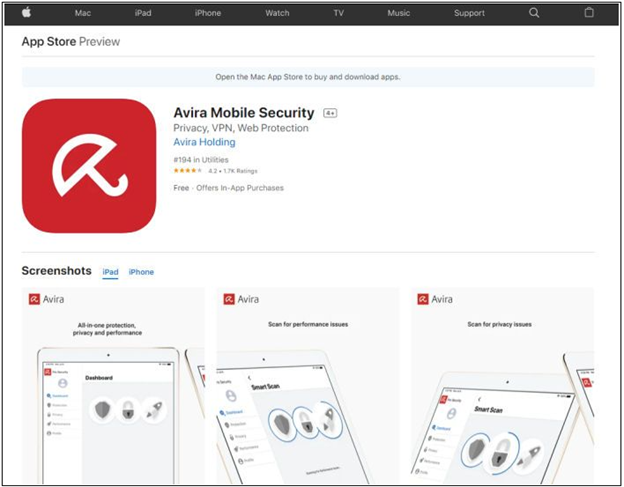 Avira mobile security app on Apple Store