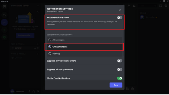 Choose the server notification settings