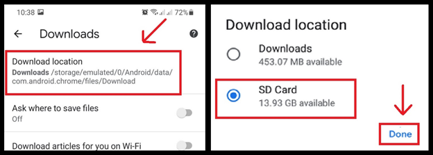 Choosing the SD card as the default download destination