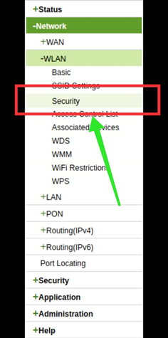Choosing the “Security” option under “WLAN.Choosing the “Security” option under “WLAN