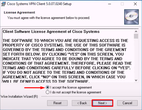 Cisco VPN Client license agreement page