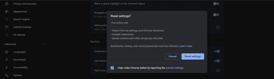 Click on Reset setting