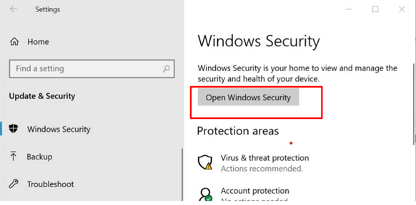 click on the Open Windows Security