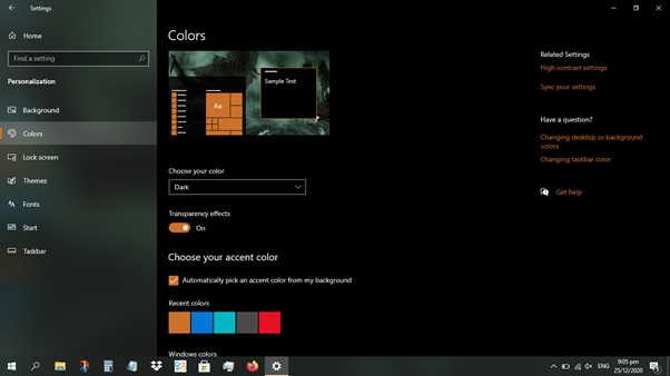 Colors Section on Personalization Setting