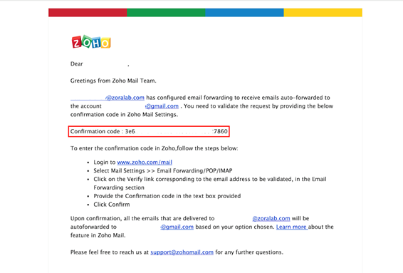 Confirming Zoho Email Forwarding from Gmail