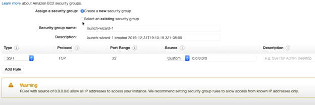 create a new security group called SSH