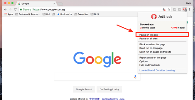 disable AdBlock for a particular website on Chrome