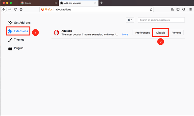 disable AdBlock on Firefox