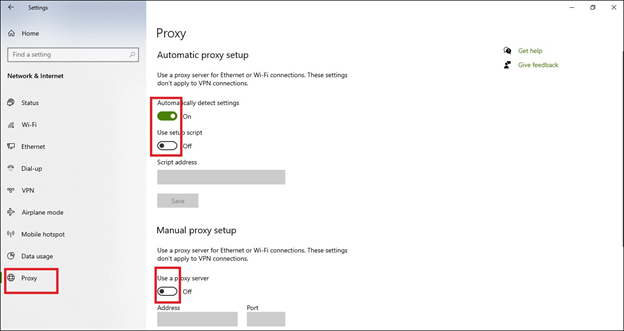 Disable all the options in Proxy settings