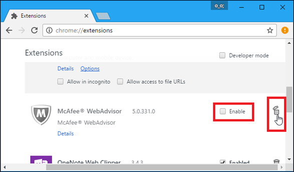 Disable/Remove the McAfee extensions from Chrome