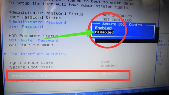 Disable the secure boot control option