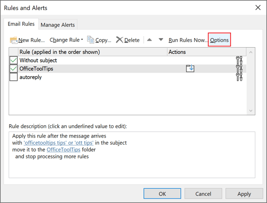 display Rules and Alerts dialogue