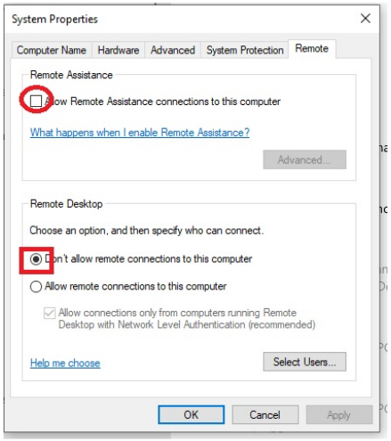 Don’t allow remote connections to this computer