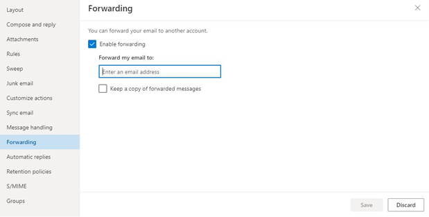 Enable forwarding from the Forwarding option