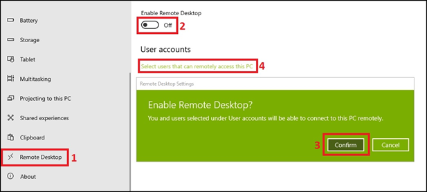Enable remote desktop and adding users