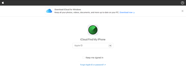 Find My iPhone window on a PC browser