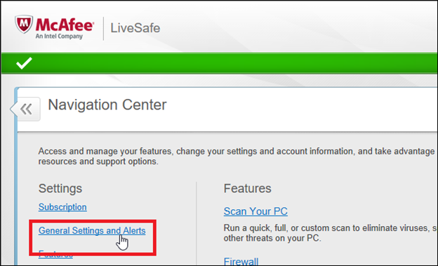 General settings and alerts in McAfee