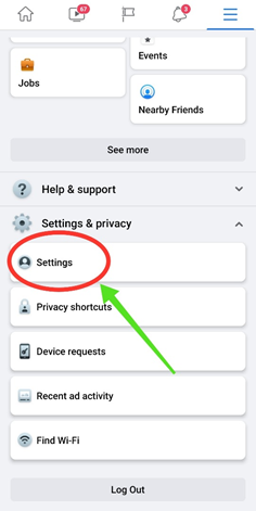 Going to the “Settings” from Facebook