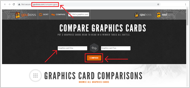 The gpuboss.com website for comparing two graphics card side by side.