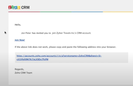 Invitation email from Zoho CRM