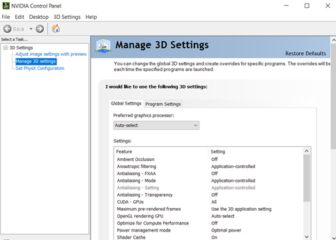 Manage 3D Settings window