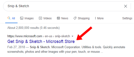 Microsoft URL link for Snip & Sketch