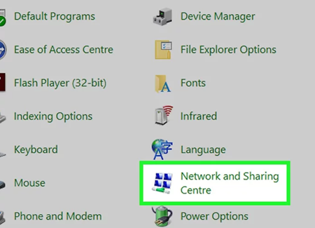 Network and Sharing Centre option