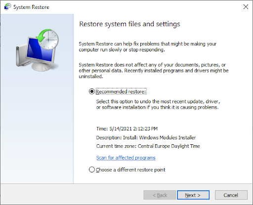 Restore system files and settings Wizard