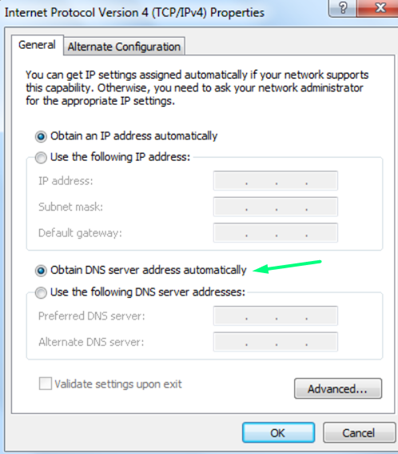 Pick the Obtain DNS server address automatically option