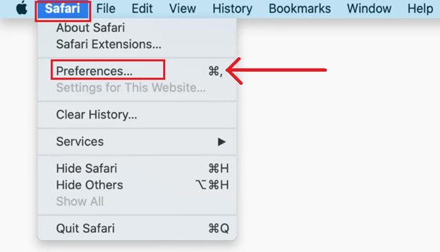 Open preferences of Safari browser