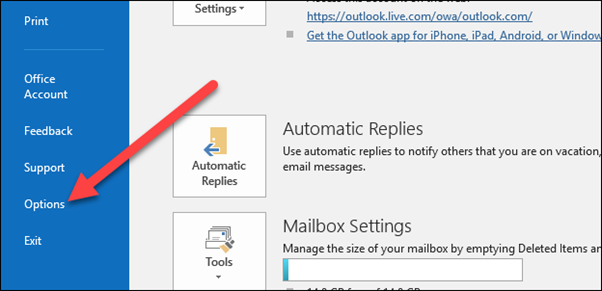 Outlook Options window