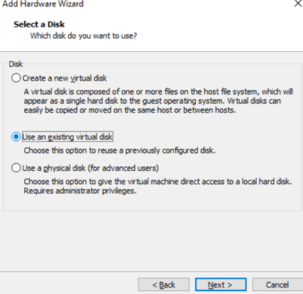 Pick Use an existing virtual disk