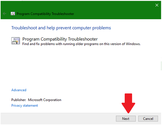 Program Compatibility Troubleshooter window
