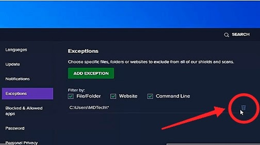 Remove folder from Avast exception