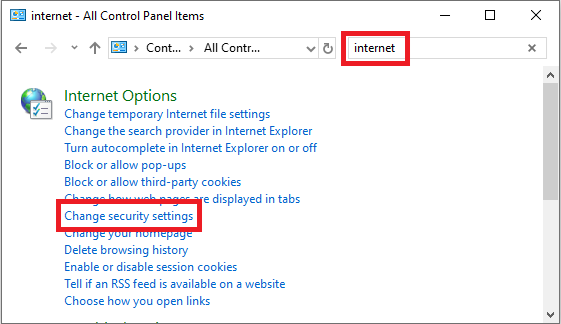 Search in control panel for internet options