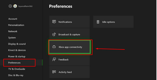 Select Preferences & Xbox app connectivity