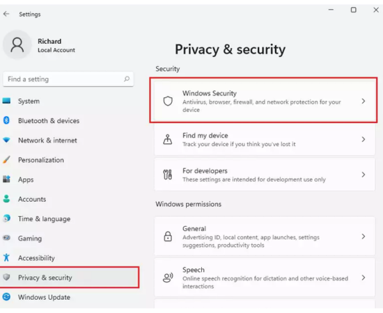Select Privacy and security