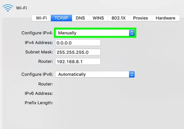 Set Configure IPv4 to Manually