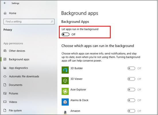 Setting under Background Apps