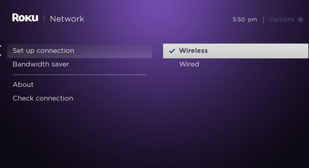 setting up a wireless connection on Roku device