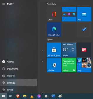 Settings from the Start menu