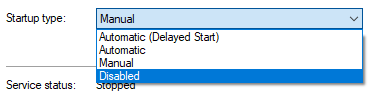 Startup type then select Disabled