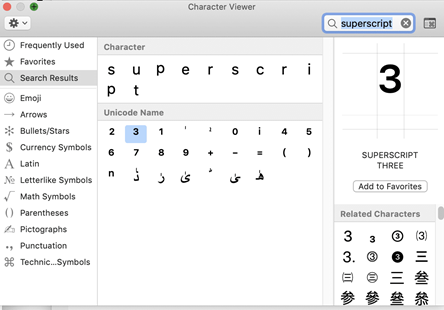 Superscript characters in Character Viewer