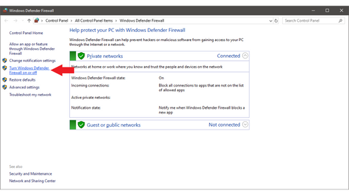 switch on or off the Windows Defender Firewall