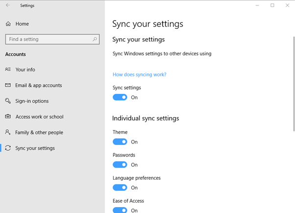 sync settings section