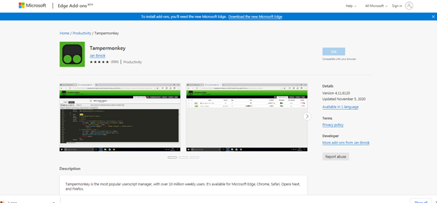 Tapermonkey for Edge looks like