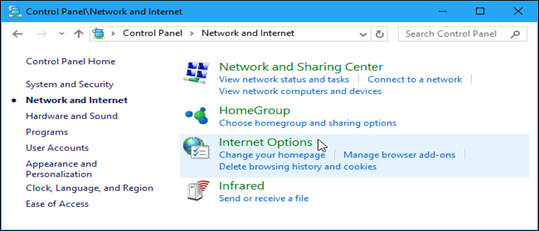 the Network and Internet Internet Options