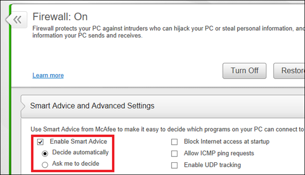 The smart advice firewall option in McAfee
